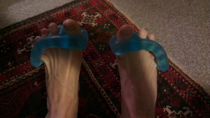 Yoga Toes - my latest attempt to take time off of my marathon results. Got these babies for Christmas. Strange to wear at first, but after a while, the stretch they give my toes is quite pleasurable.
